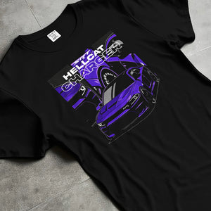 Black T-shirt laid flat with natural fabric folds, featuring Dodge Charger Hellcat hellcat srt charger racing muscle street graphic.