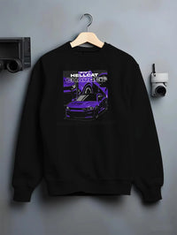 Black crewneck sweatshirt on a hanger against a grey wall, featuring Dodge Charger Hellcat hellcat srt charger racing graphic.