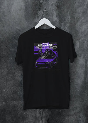 Black crewneck T-shirt on a hanger against a grey wall, featuring Dodge Charger Hellcat hellcat srt charger racing muscle graphic.