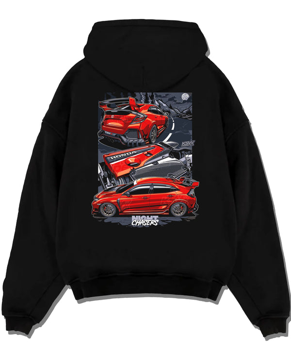 Black pullover hoodie laid flat on a white background, featuring Honda Civic racing drift jdm japanese tuning street graphic.