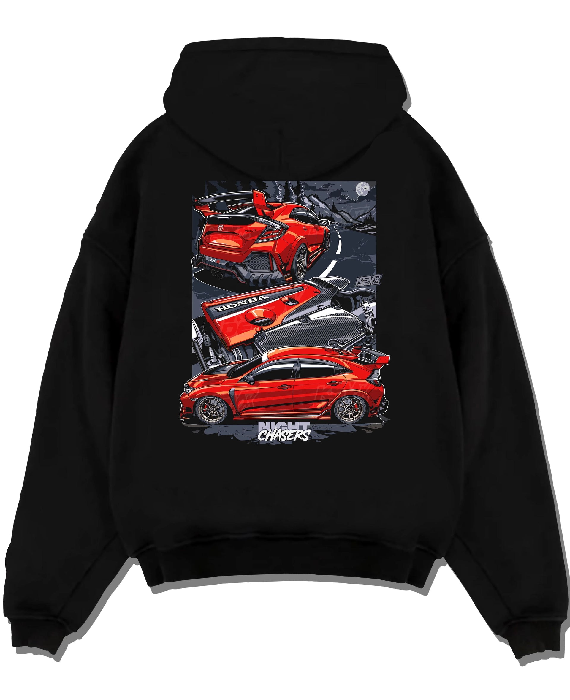 Black pullover hoodie laid flat on a white background, featuring Honda Civic racing drift jdm japanese tuning street graphic.