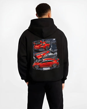Black hoodie worn by a male model, back view, featuring Honda Civic racing drift jdm japanese tuning street graphic.