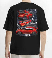 Black T-shirt worn by a male model, back view, featuring Honda Civic racing drift jdm japanese tuning street graphic.