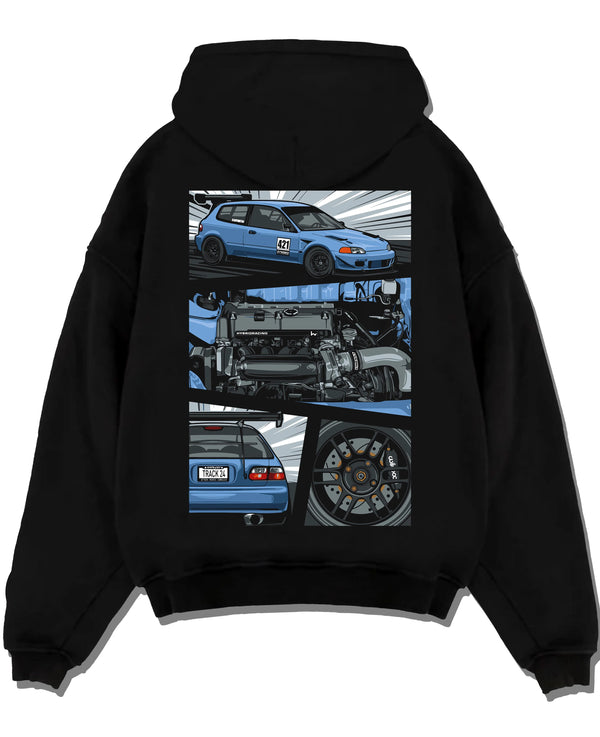 Black pullover hoodie laid flat on a white background, featuring Honda Civic racing track jdm japanese street performance graphic.