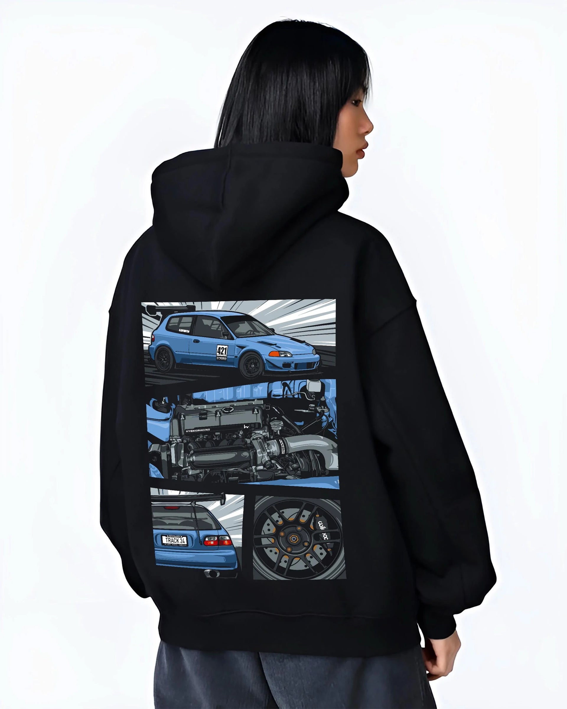 Black hoodie worn by a female model, back view, featuring Honda Civic racing track jdm japanese street performance graphic.