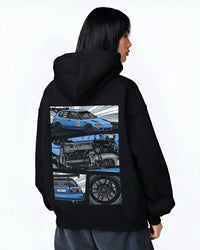 Black hoodie worn by a female model, back view, featuring Honda Civic racing track jdm japanese street performance graphic.
