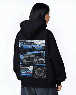Black hoodie worn by a female model, back view, featuring Honda Civic racing track jdm japanese street performance graphic.