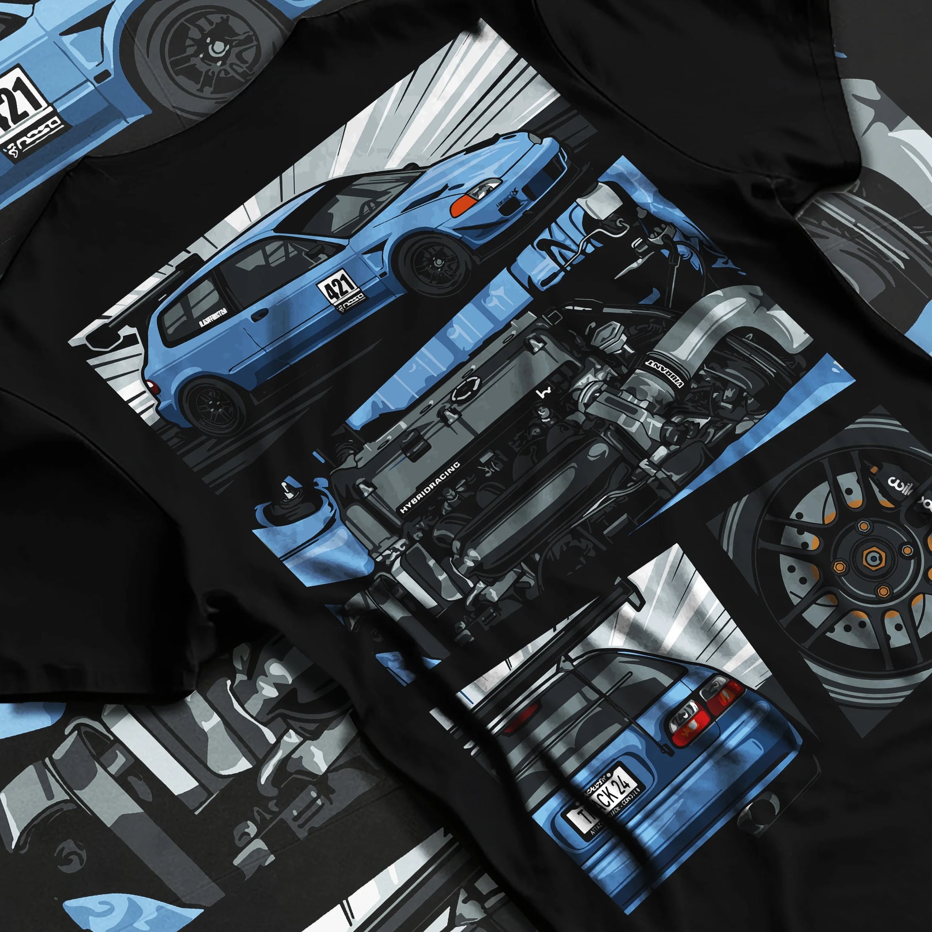 Black T-shirt laid flat with natural fabric folds, featuring Honda Civic racing track jdm japanese street performance graphic.