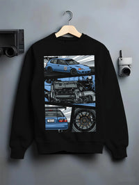 Black crewneck sweatshirt on a hanger against a grey wall, featuring Honda Civic racing track jdm japanese street graphic.