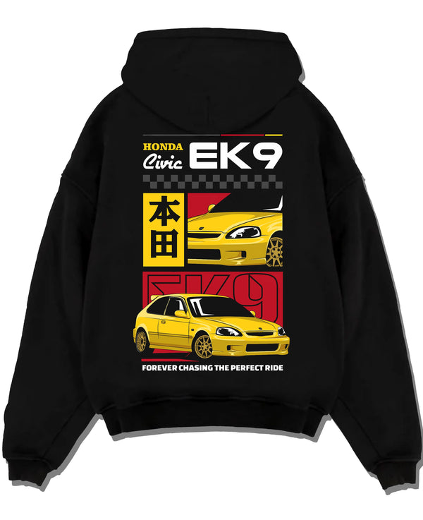 Black pullover hoodie laid flat on a white background, featuring Honda Civic racing jdm japanese street iconic performance graphic.