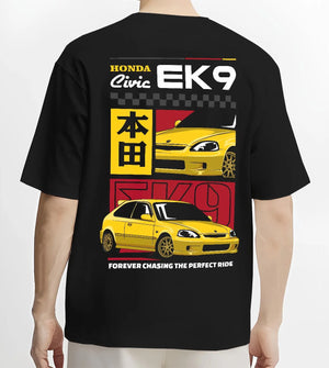 Black T-shirt worn by a male model, back view, featuring Honda Civic racing jdm japanese street iconic performance graphic.