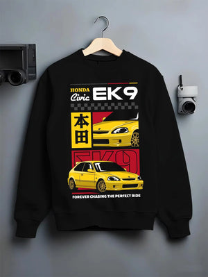 Black crewneck sweatshirt on a hanger against a grey wall, featuring Honda Civic racing jdm japanese street iconic graphic.