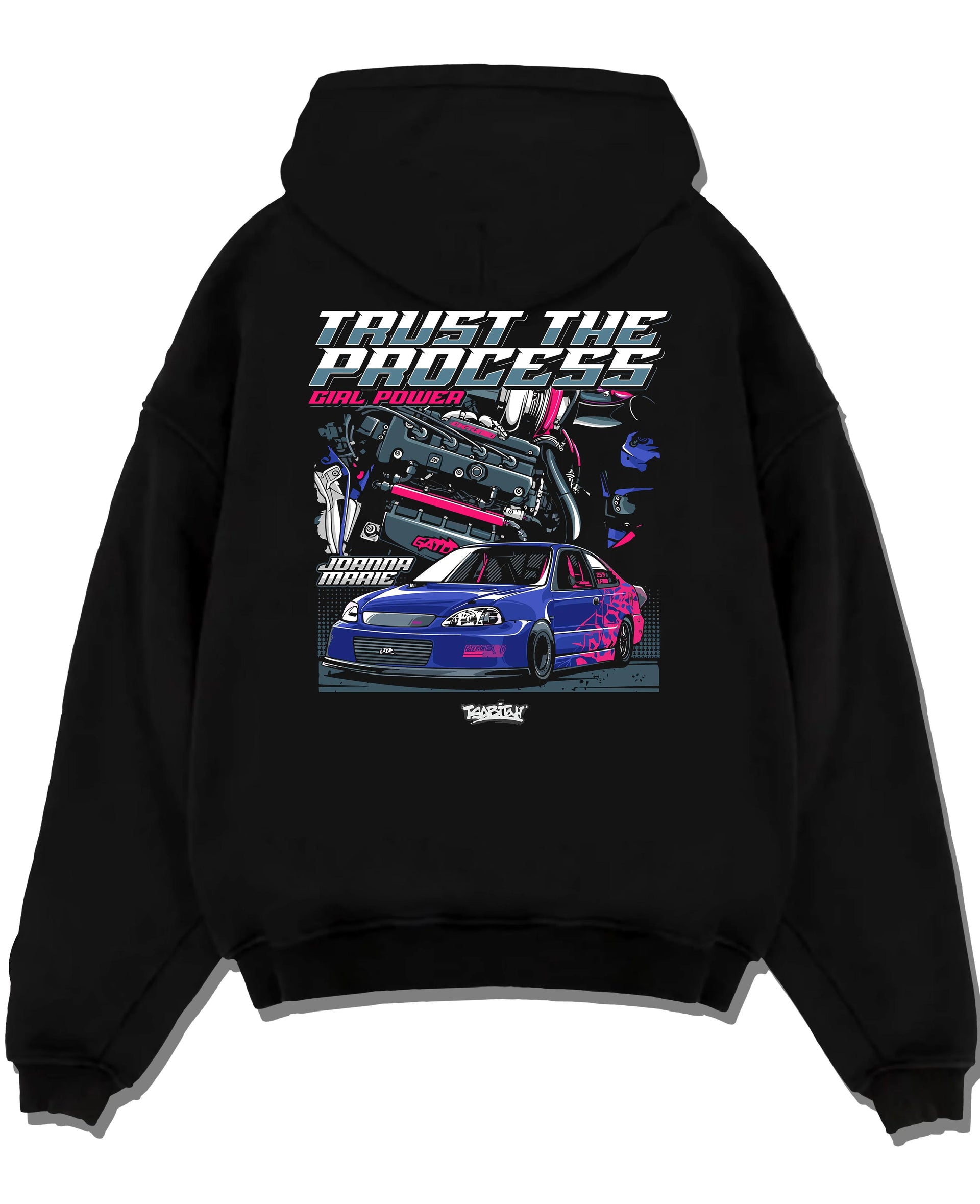 Black pullover hoodie laid flat on a white background, featuring Honda Civic racing jdm tuner street power performance graphic.