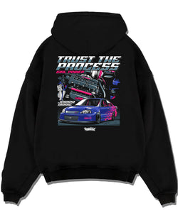 Black pullover hoodie laid flat on a white background, featuring Honda Civic racing jdm tuner street power performance graphic.