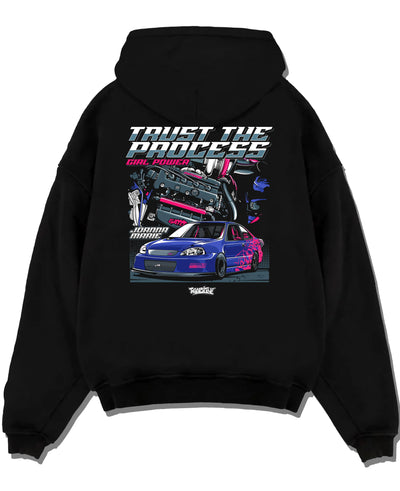 Black pullover hoodie laid flat on a white background, featuring Honda Civic racing jdm tuner street power performance graphic.