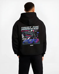 Black hoodie worn by a male model, back view, featuring Honda Civic racing jdm tuner street power performance graphic.