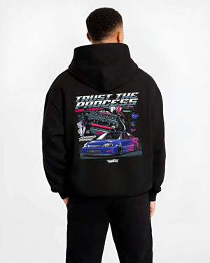 Black hoodie worn by a male model, back view, featuring Honda Civic racing jdm tuner street power performance graphic.