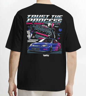 Black T-shirt worn by a male model, back view, featuring Honda Civic racing jdm tuner street power performance graphic.