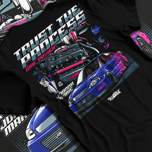 Black T-shirt laid flat with natural fabric folds, featuring Honda Civic racing jdm tuner street power performance graphic.