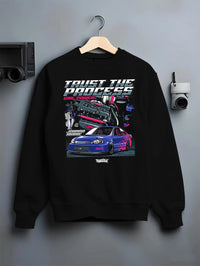 Black crewneck sweatshirt on a hanger against a grey wall, featuring Honda Civic racing jdm tuner street power performance graphic.