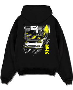 Black pullover hoodie laid flat on a white background, featuring Honda Civic racing drift jdm japanese street performance graphic.