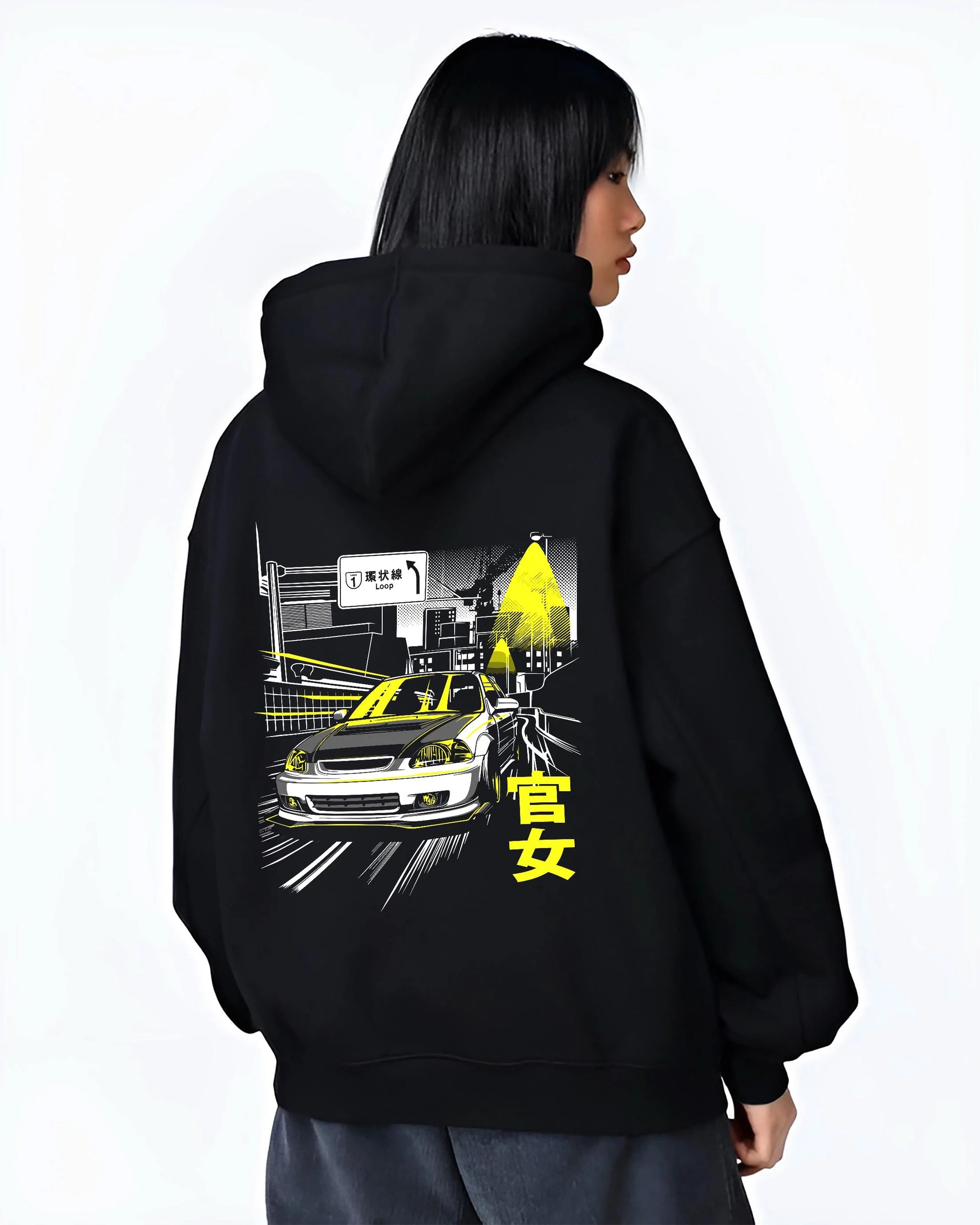 Black hoodie worn by a female model, back view, featuring Honda Civic racing drift jdm japanese street performance graphic.