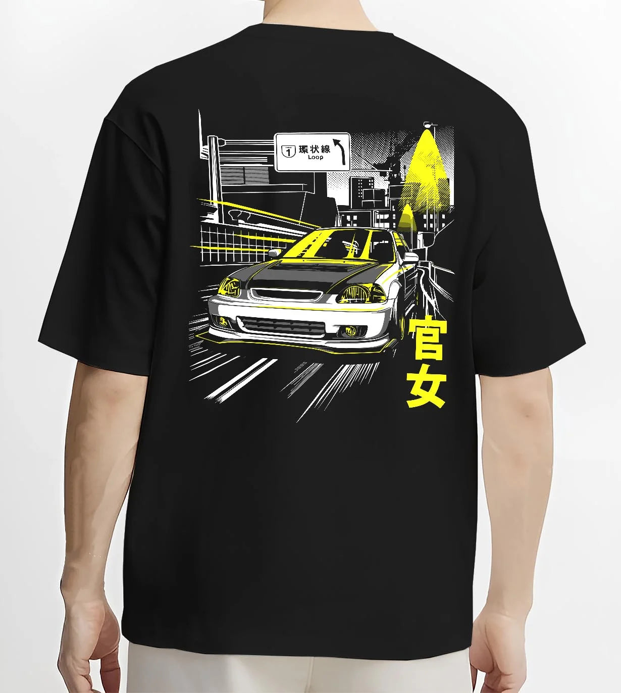 Black T-shirt worn by a male model, back view, featuring Honda Civic racing drift jdm japanese street performance graphic.