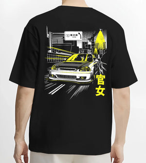 Black T-shirt worn by a male model, back view, featuring Honda Civic racing drift jdm japanese street performance graphic.