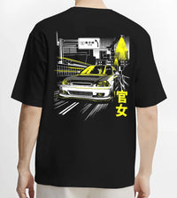 Black T-shirt worn by a male model, back view, featuring Honda Civic racing drift jdm japanese street performance graphic.