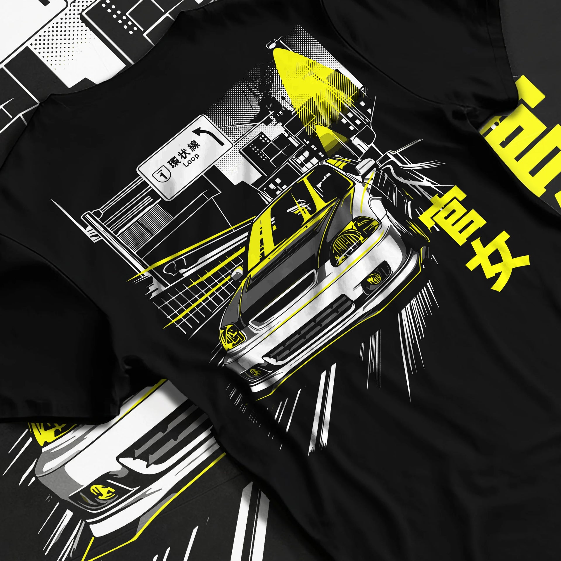 Black T-shirt laid flat with natural fabric folds, featuring Honda Civic racing drift jdm japanese street performance graphic.