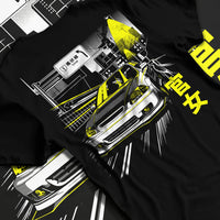 Black T-shirt laid flat with natural fabric folds, featuring Honda Civic racing drift jdm japanese street performance graphic.