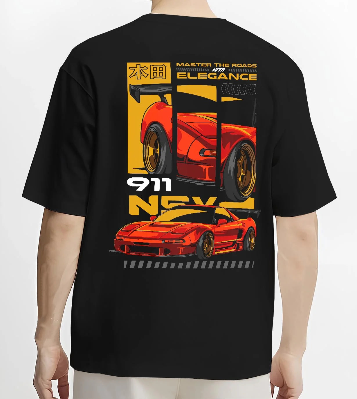 Black T-shirt worn by a male model, back view, featuring Honda rs racing race motorsport street classic speed graphic.