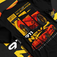 Black T-shirt laid flat with natural fabric folds, featuring Honda rs racing race motorsport street classic speed graphic.