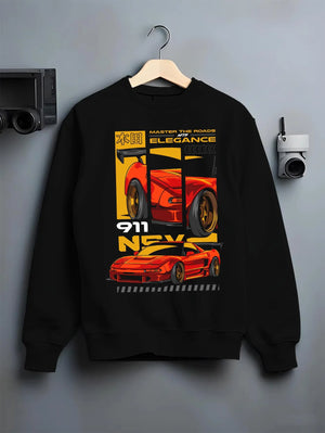 Black crewneck sweatshirt on a hanger against a grey wall, featuring Honda rs racing race motorsport street classic speed graphic.