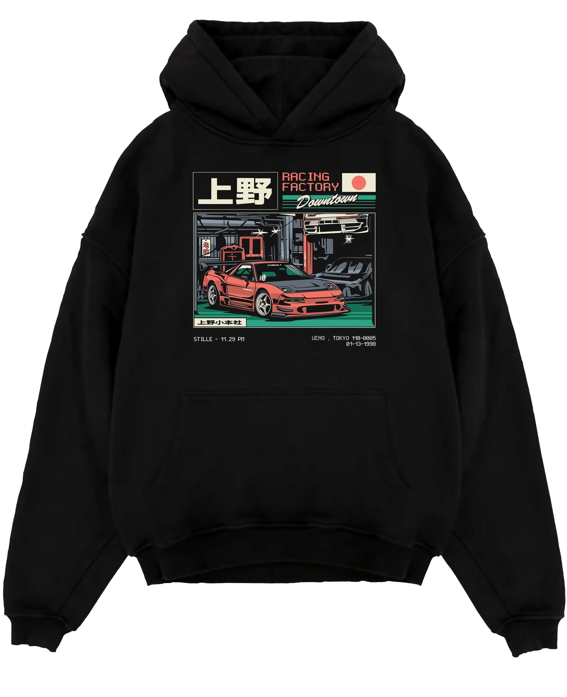 Black pullover hoodie laid flat on a white background, featuring Honda rs racing motorsport street retro classic speed graphic.