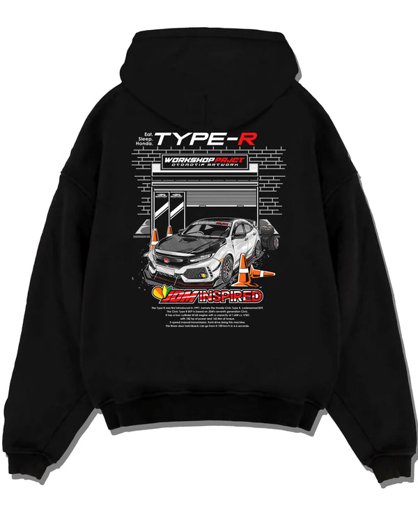 Black pullover hoodie laid flat on a white background, featuring Honda Civic Type R rs type r civic racing motorsport jdm graphic.
