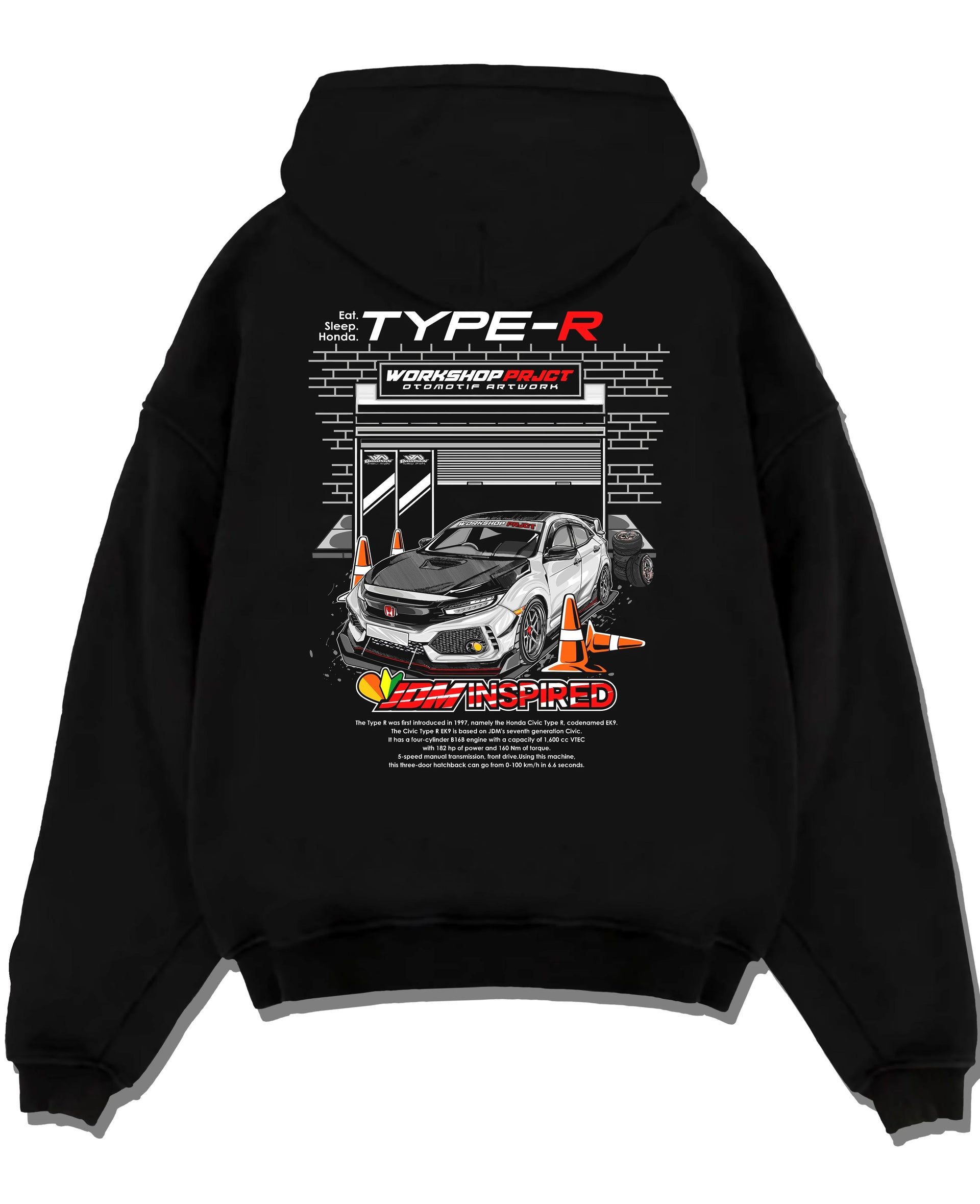 Black pullover hoodie laid flat on a white background, featuring Honda Civic Type R rs type r civic racing motorsport jdm graphic.