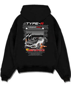 Black pullover hoodie laid flat on a white background, featuring Honda Civic Type R rs type r civic racing motorsport jdm graphic.