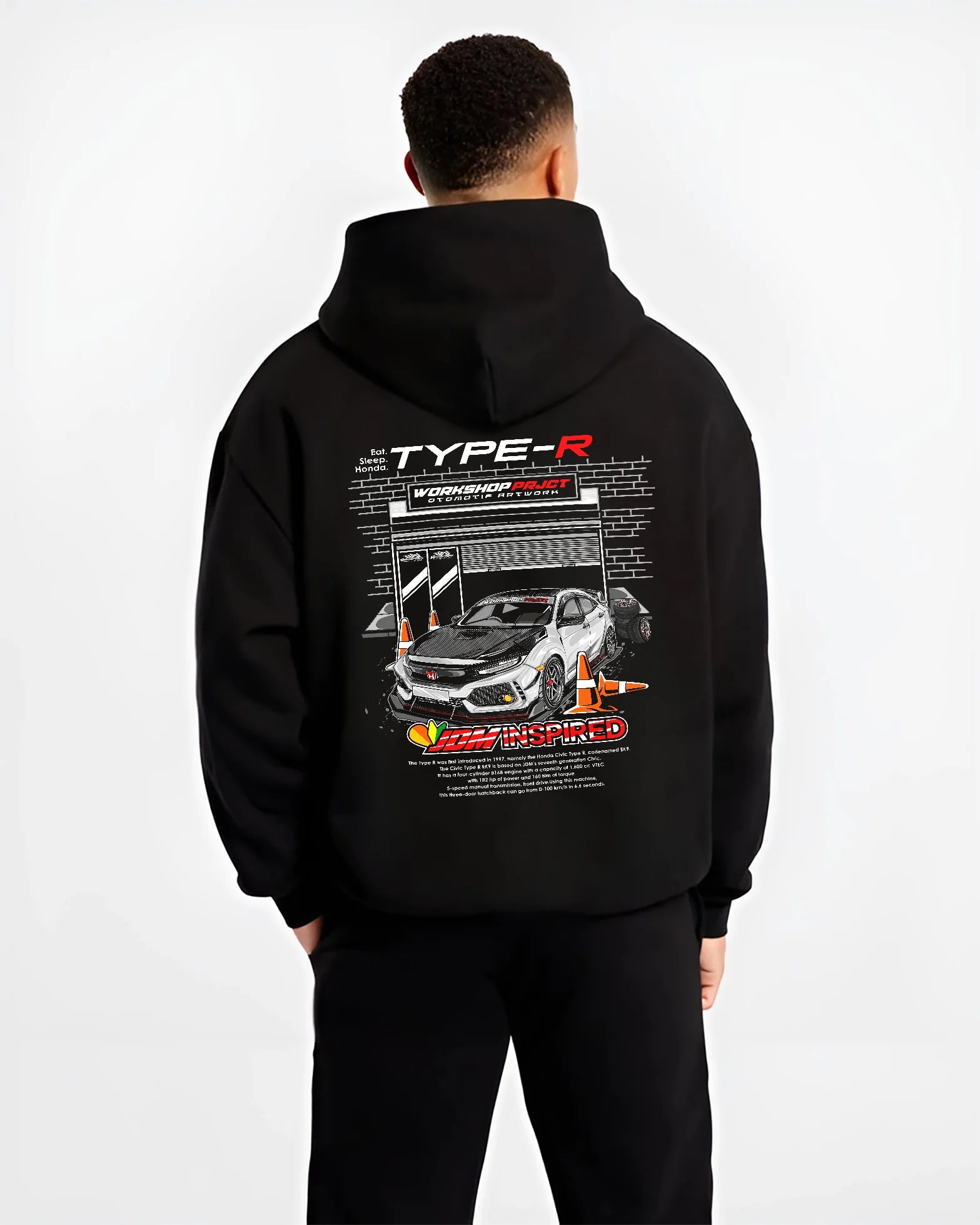 Black hoodie worn by a male model, back view, featuring Honda Civic Type R rs type r civic racing motorsport jdm tuning graphic.