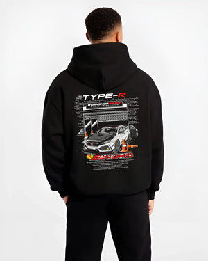 Black hoodie worn by a male model, back view, featuring Honda Civic Type R rs type r civic racing motorsport jdm tuning graphic.
