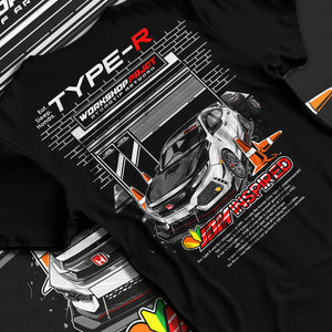 Black T-shirt laid flat with natural fabric folds, featuring Honda Civic Type R rs type r civic racing motorsport jdm graphic.