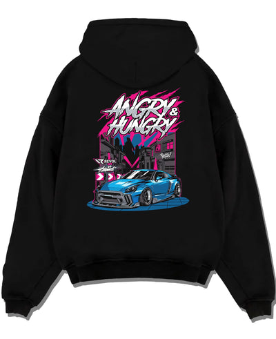 Black pullover hoodie laid flat on a white background, featuring MUSTANG rs racing muscle street enthusiast performance graphic.