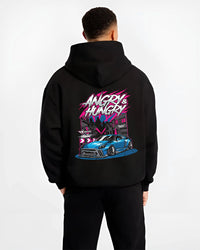 Black hoodie worn by a male model, back view, featuring MUSTANG rs racing muscle street enthusiast performance motorsport graphic.