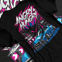 Black T-shirt laid flat with natural fabric folds, featuring MUSTANG rs racing muscle street enthusiast performance graphic.