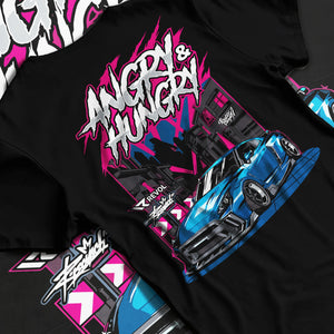 Black T-shirt laid flat with natural fabric folds, featuring MUSTANG rs racing muscle street enthusiast performance graphic.