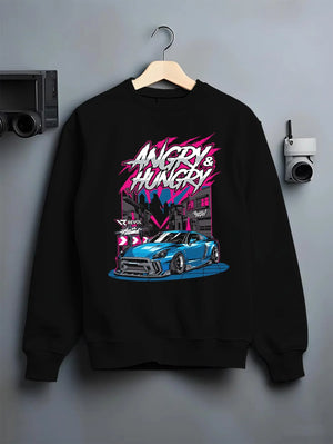 Black crewneck sweatshirt on a hanger against a grey wall, featuring MUSTANG rs racing muscle street enthusiast performance graphic.