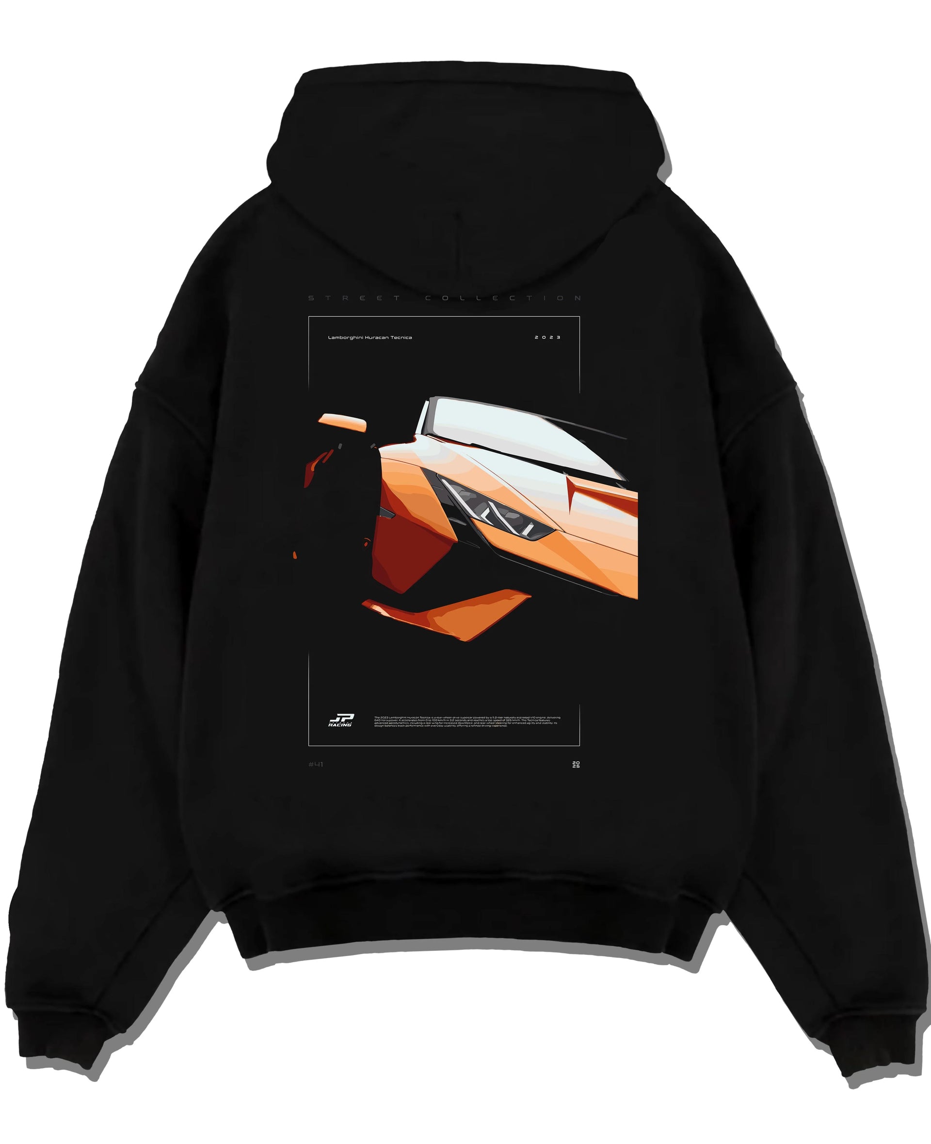 Black pullover hoodie laid flat on a white background, featuring Lamborghini Huracan street racing performance motorsport graphic.