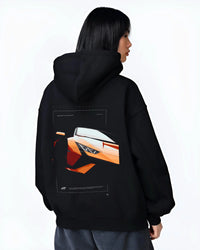 Black hoodie worn by a female model, back view, featuring Lamborghini Huracan street racing performance motorsport graphic.