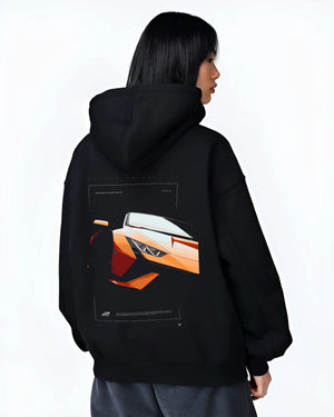 Black hoodie worn by a female model, back view, featuring Lamborghini Huracan street racing performance motorsport graphic.