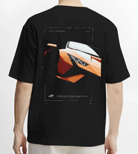 Black T-shirt worn by a male model, back view, featuring Lamborghini Huracan street racing performance motorsport graphic.